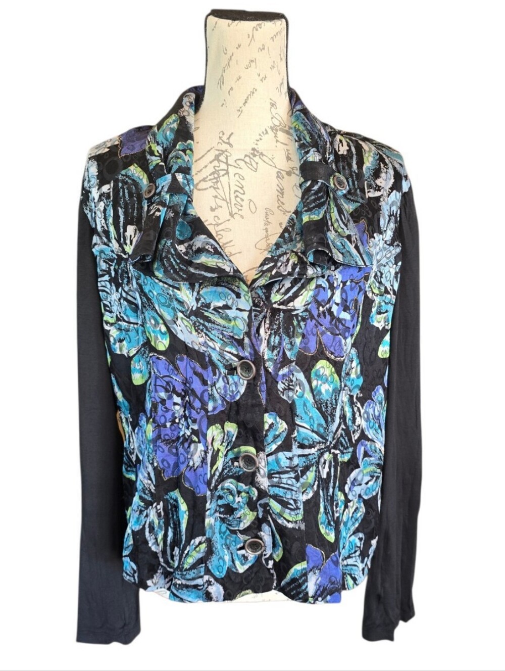 Alberto Makali Black Blue Abstract Floral Button Jacket L